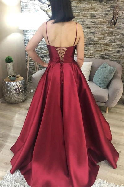 A Line V Neck Backless Burgundy Satin Long Prom Dresses, Backless Burgundy Formal Graduation Evening Dresses EP1888