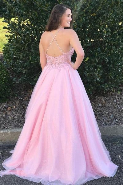 A Line V Neck Backless Pink Lace Prom Dresses, Pink Lace Formal Dresses, Long Pink Evening Dresses EP1451