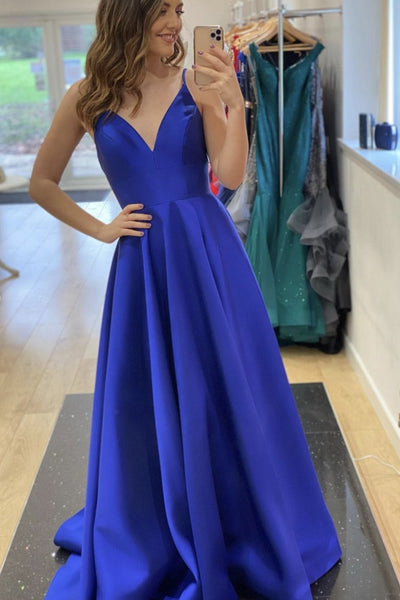 A Line V Neck Backless Royal Blue Long Prom Dresses, Backless Royal Blue Formal Evening Dresses EP1343