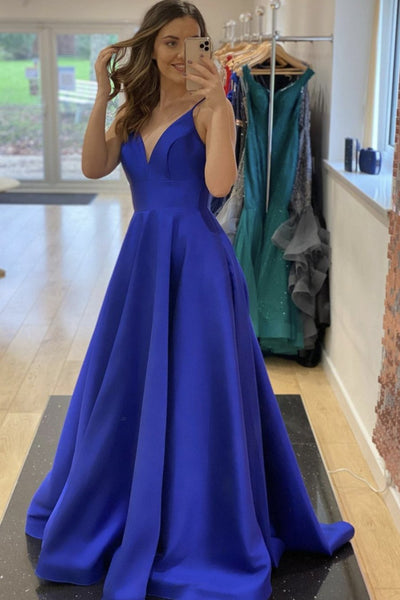 A Line V Neck Backless Royal Blue Long Prom Dresses, Backless Royal Blue Formal Evening Dresses EP1343