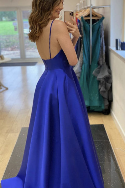 A Line V Neck Backless Royal Blue Long Prom Dresses, Backless Royal Blue Formal Evening Dresses EP1343