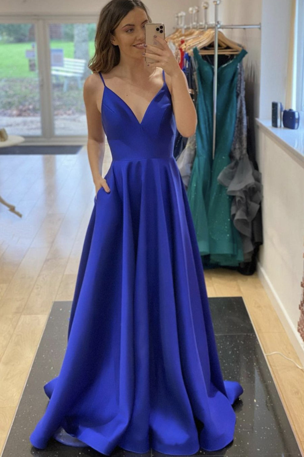 A Line V Neck Backless Royal Blue Long Prom Dresses, Backless Royal Blue Formal Evening Dresses EP1343