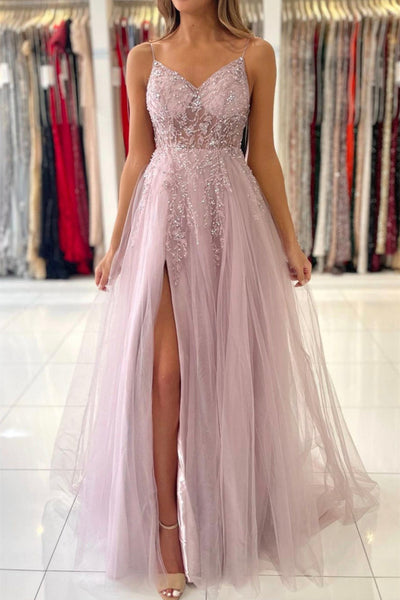 A Line V Neck Beaded Pink Tulle Long Prom Dresses with High Slit, Pink Tulle Formal Graduation Evening Dresses with Beadings EP1889