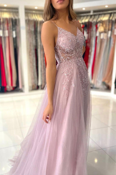 A Line V Neck Beaded Pink Tulle Long Prom Dresses with High Slit, Pink Tulle Formal Graduation Evening Dresses with Beadings EP1889