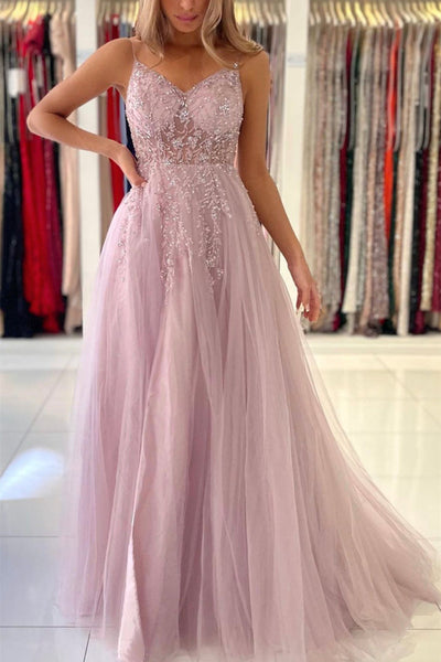 A Line V Neck Beaded Pink Tulle Long Prom Dresses with High Slit, Pink Tulle Formal Graduation Evening Dresses with Beadings EP1889