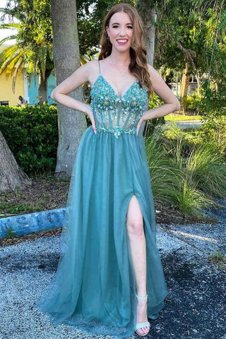 A Line V Neck Beaded Teal Long Prom Dresses with Slit, Beaded Teal Formal Graduation Evening Dresses EP1514