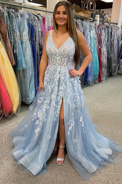 A Line V Neck Blue/Champagne Lace Floral Long Prom Dresses, Blue/Champagne Lace Formal Evening Dresses EP1783
