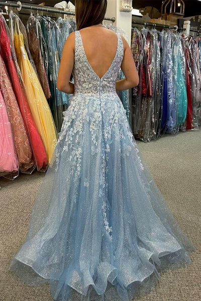 A Line V Neck Blue/Champagne Lace Floral Long Prom Dresses, Blue/Champagne Lace Formal Evening Dresses EP1783