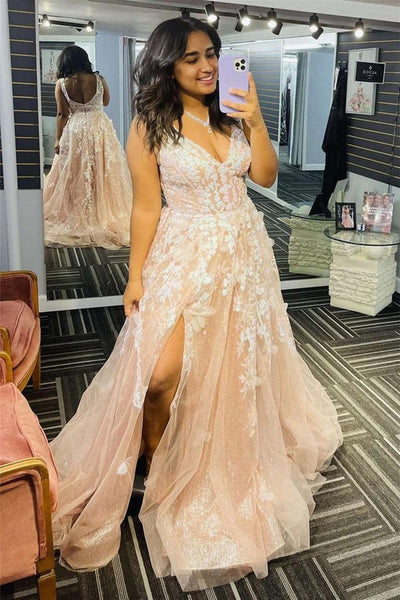 A Line V Neck Blue/Champagne Lace Floral Long Prom Dresses, Blue/Champagne Lace Formal Evening Dresses EP1783