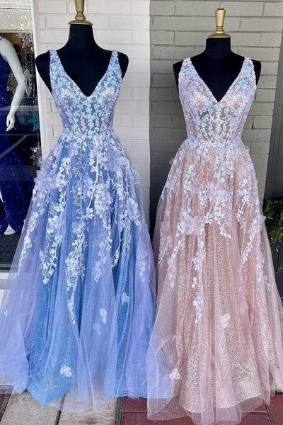 A Line V Neck Blue/Champagne Lace Floral Long Prom Dresses, Blue/Champagne Lace Formal Evening Dresses EP1783