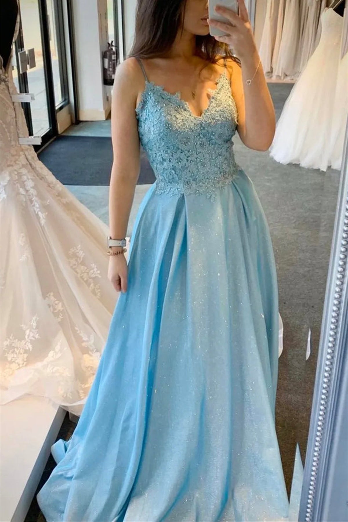 A Line V Neck Blue Lace Long Prom Dresses, Blue Lace Formal Graduation Evening Dresses EP1896