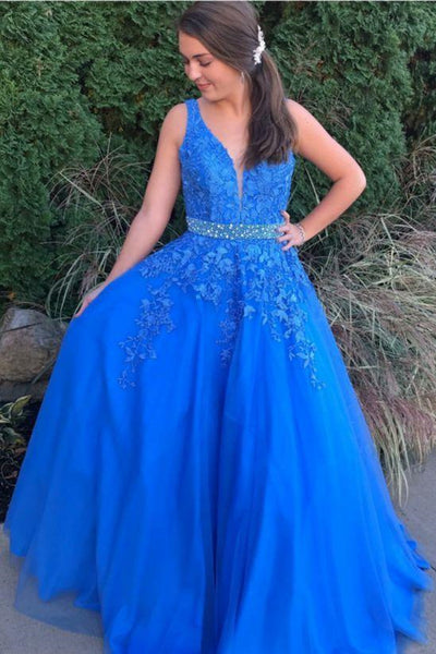 A Line V Neck Blue Lace Long Prom Dresses with Belt, Blue Lace Formal Evening Dresses EP1416