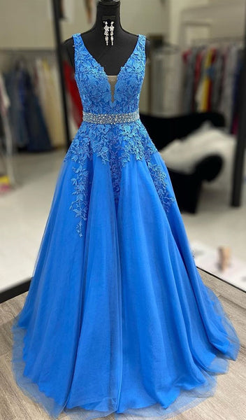 A Line V Neck Blue Lace Long Prom Dresses with Belt, Blue Lace Formal Evening Dresses EP1416