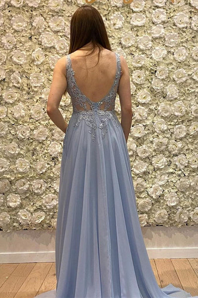 A Line V Neck Blue Lace Top Long Prom Dresses with High Slit, Blue Lace Formal Graduation Evening Dresses EP1868