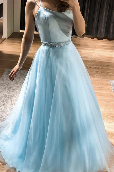 A Line V Neck Blue Long Prom Dresses with Belt, V Neck Blue Formal Graduation Evening Dresses