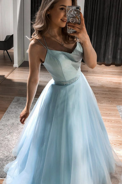 A Line V Neck Blue Long Prom Dresses with Belt, V Neck Blue Formal Graduation Evening Dresses