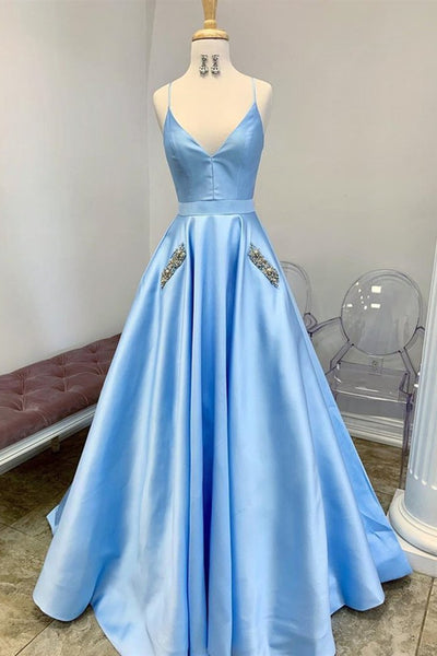 A Line V Neck Blue Satin Long Prom Dresses with Pocket, V Neck Blue Formal Dresses, Blue Evening Dresses EP1578