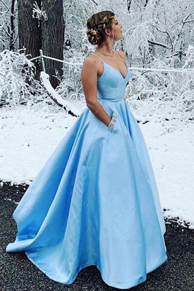 A Line V Neck Blue Satin Long Prom Dresses with Pocket, V Neck Blue Formal Dresses, Blue Evening Dresses EP1578 Measure Guide