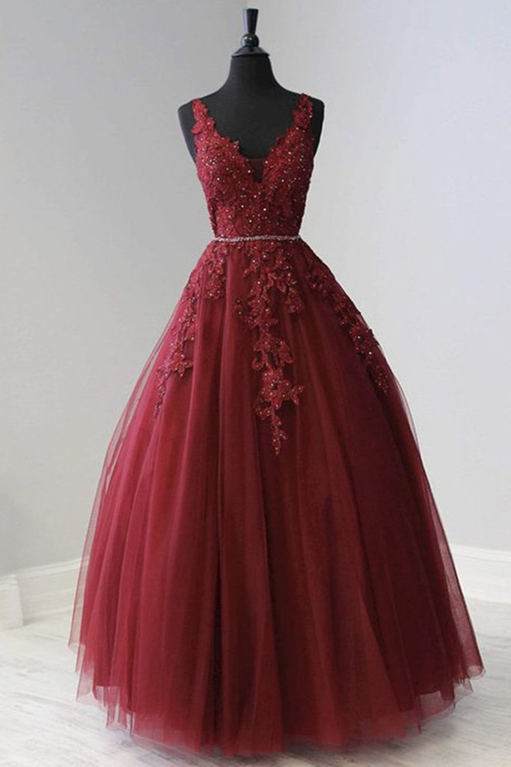 A Line V Neck Burgundy Lace Prom Dresses, Burgundy Lace Formal Dresses, Burgundy Evening Dresses EP1353