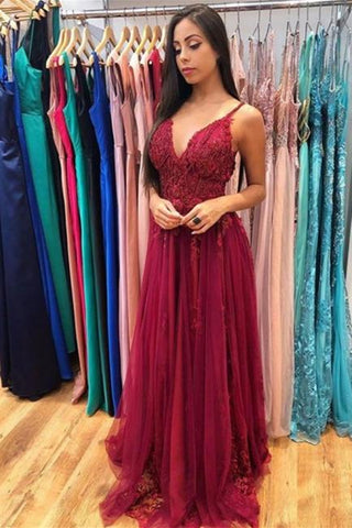 A Line V Neck Burgundy Lace long Prom Dresses, Burgundy Lace Formal Dresses, Burgundy Evening Dresses EP1597