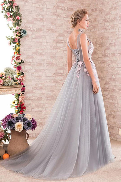 A Line V Neck Gray Lace Long Prom Dresses, Gray Lace Formal Dresses, Grey Evening Dresses EP1361
