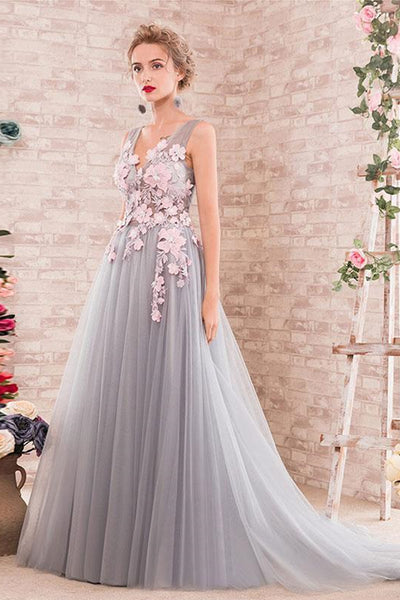 A Line V Neck Gray Lace Long Prom Dresses, Gray Lace Formal Dresses, Grey Evening Dresses EP1361