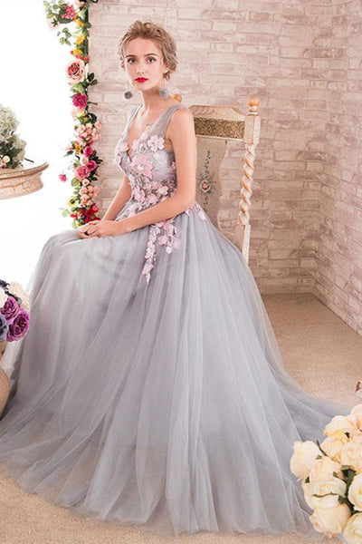 A Line V Neck Gray Lace Long Prom Dresses, Gray Lace Formal Dresses, Grey Evening Dresses EP1361