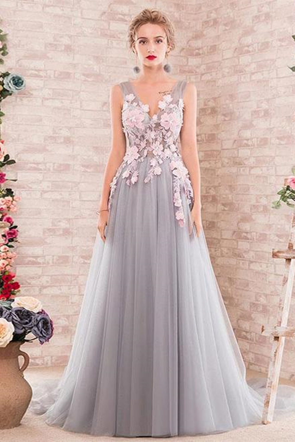 A Line V Neck Gray Lace Long Prom Dresses, Gray Lace Formal Dresses, Grey Evening Dresses EP1361