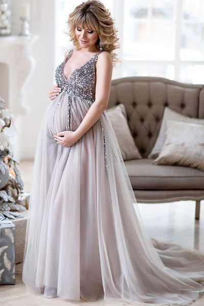 A Line V Neck Gray Sequins Long Prom Dresses, V Neck Grey Formal Dresses, Gray Evening Dresses with Sequins EP1656