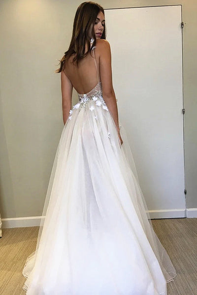 A Line V Neck Ivory Lace Prom Dresses, Ivory Lace Long Formal Wedding Dresses