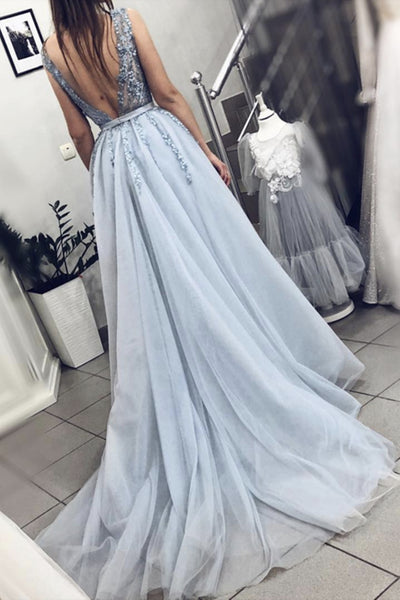 A Line V Neck Light Blue Beaded Tulle Prom Dresses Long, V Neck Long Blue Beaded Formal Evening Dresses
