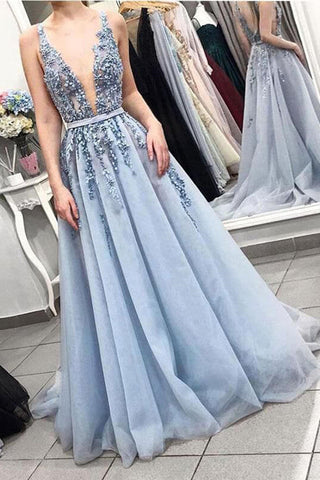A Line V Neck Light Blue Beaded Tulle Prom Dresses Long, V Neck Long Blue Beaded Formal Evening Dresses
