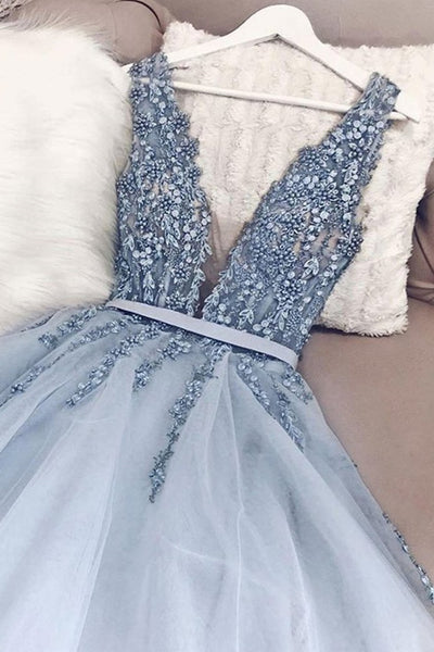 A Line V Neck Light Blue Beaded Tulle Prom Dresses Long, V Neck Long Blue Beaded Formal Evening Dresses
