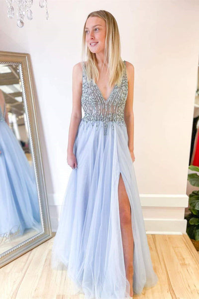 A Line V Neck Light Blue Tulle Beaded Long Prom Dresses, V Neck Blue Formal Dresses, Beaded Blue Evening Dresses EP1666
