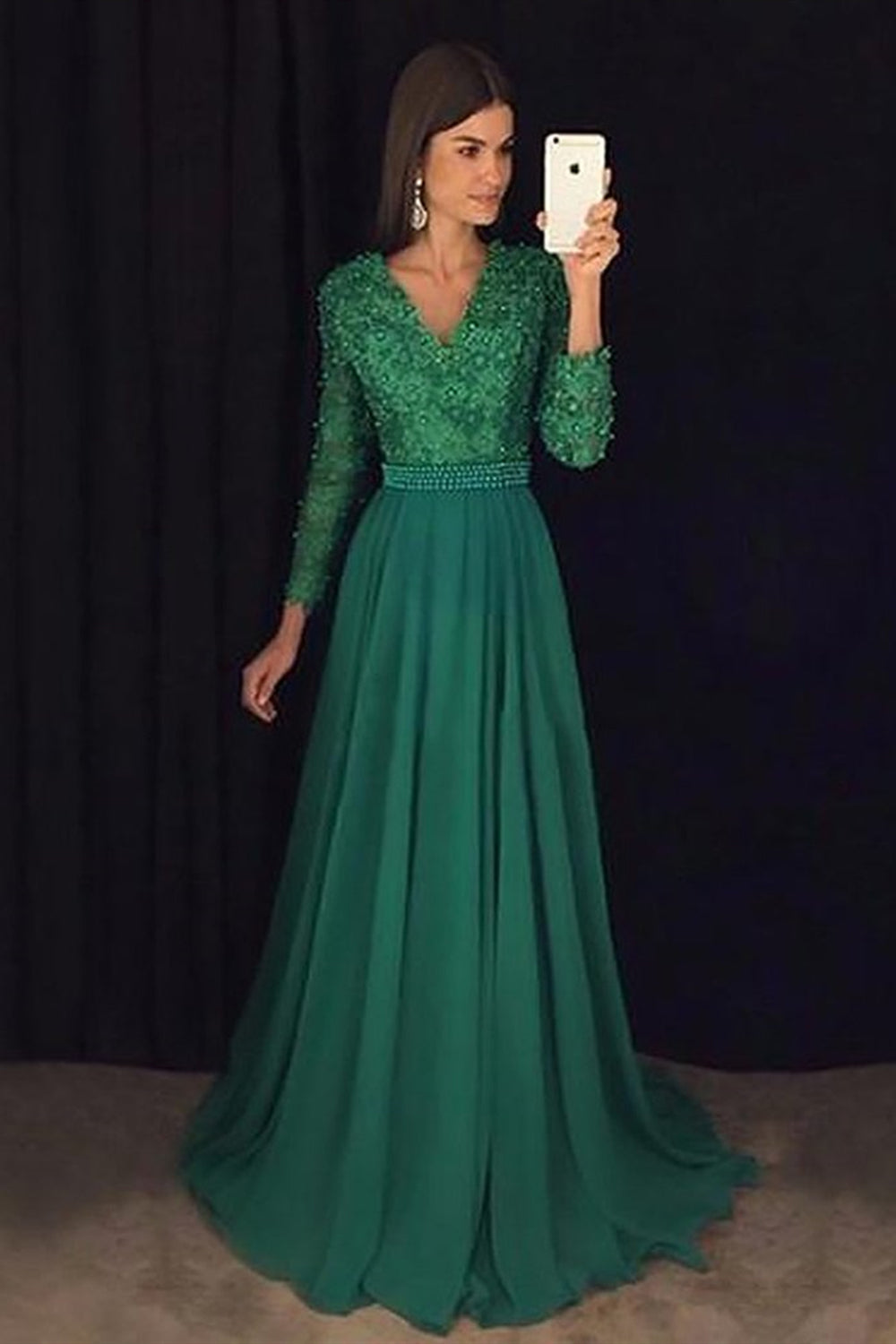 A Line V Neck Long Sleeves Green Beaded Long Prom Dresses, Long Sleeves Green Formal Evening Dresses