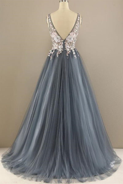 A Line V Neck Open Back Appliques Gray Long Prom Dresses, V Neck Grey Formal Dresses, Gray Evening Dresses EP1496 Measure Guide