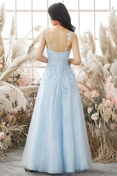 A Line V Neck Open Back Light Blue Lace Long Prom Dresses, V Neck Light Blue Lace Formal Graduation Evening Dresses EP1873