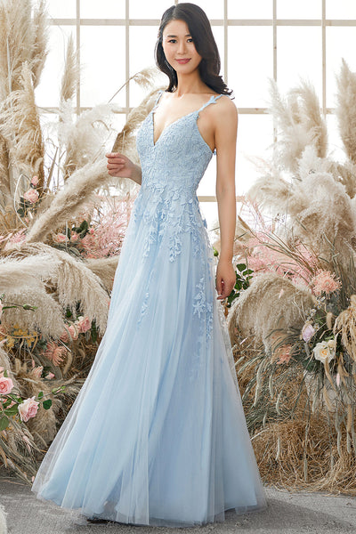 A Line V Neck Open Back Light Blue Lace Long Prom Dresses, V Neck Light Blue Lace Formal Graduation Evening Dresses EP1873