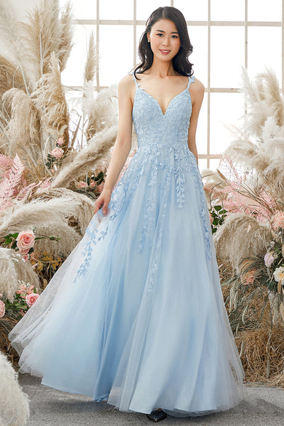 A Line V Neck Open Back Light Blue Lace Long Prom Dresses, V Neck Light Blue Lace Formal Graduation Evening Dresses EP1873