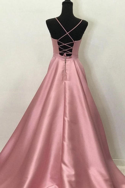 A Line V Neck Open Back Pink Satin Long Prom Dresses, Open Back Pink Formal Graduation Evening Dresses EP1360