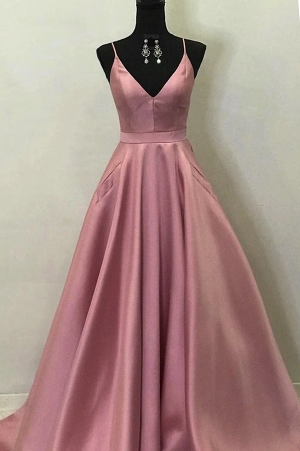 A Line V Neck Open Back Pink Satin Long Prom Dresses, Open Back Pink Formal Graduation Evening Dresses EP1360