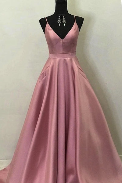 A Line V Neck Open Back Pink Satin Long Prom Dresses, Open Back Pink Formal Graduation Evening Dresses EP1360