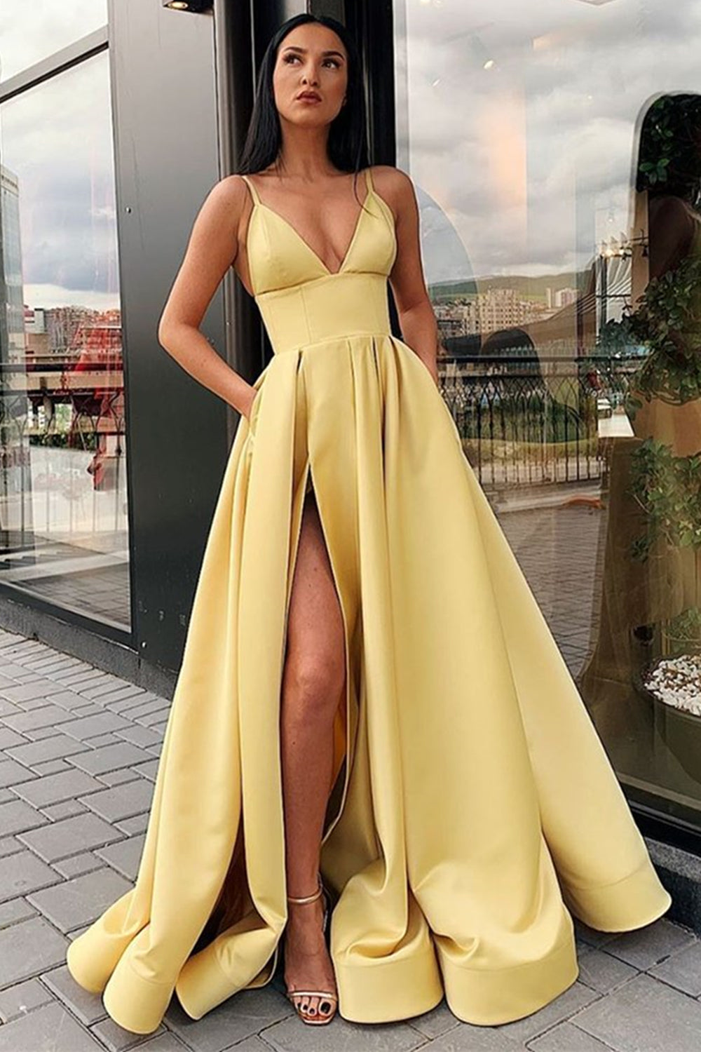 A Line V Neck Open Back Yellow Satin Long Prom Dresses, V Neck High Slit Yellow Formal Evening Dresses