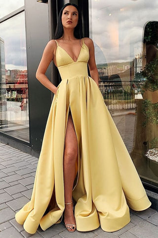 A Line V Neck Open Back Yellow Satin Long Prom Dresses, V Neck High Slit Yellow Formal Evening Dresses