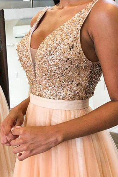 A Line V Neck Pink Beaded Long Prom Dresses with High Slit, V Neck Pink Formal Graduation Evening Dresses, EP1652