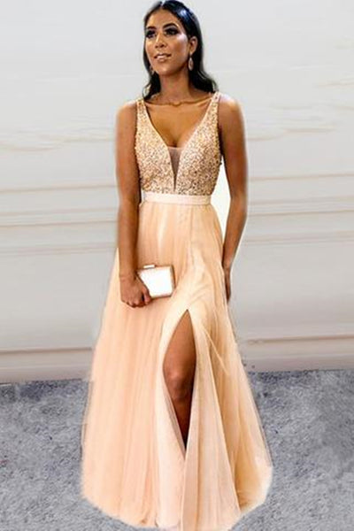 A Line V Neck Pink Beaded Long Prom Dresses with High Slit, V Neck Pink Formal Graduation Evening Dresses, EP1652