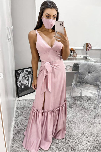 A Line V Neck Pink Long Prom Dresses with High Slit, V Neck Pink Formal Graduation Evening Dresses