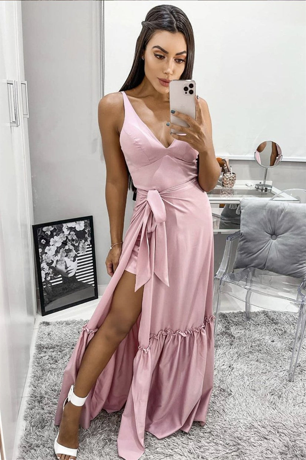 A Line V Neck Pink Long Prom Dresses with High Slit, V Neck Pink Formal Graduation Evening Dresses