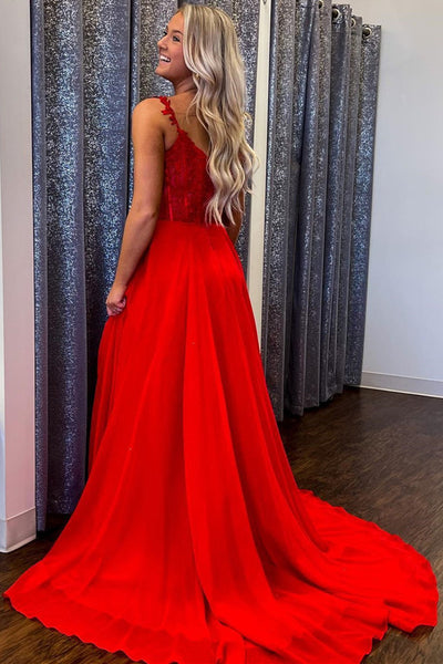 A Line V Neck Red Lace Tulle Long Prom Dresses with High Slit, Red Lace Formal Dresses, Red Evening Dresses EP1802