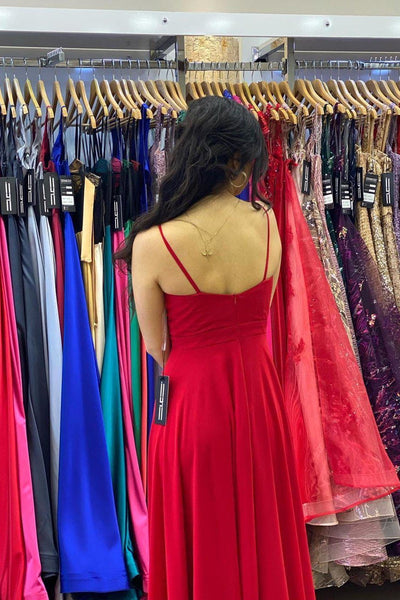 A Line V Neck Red Long Prom Dresses with High Slit, V Neck Red Formal Graduation Evening Dresses EP1856